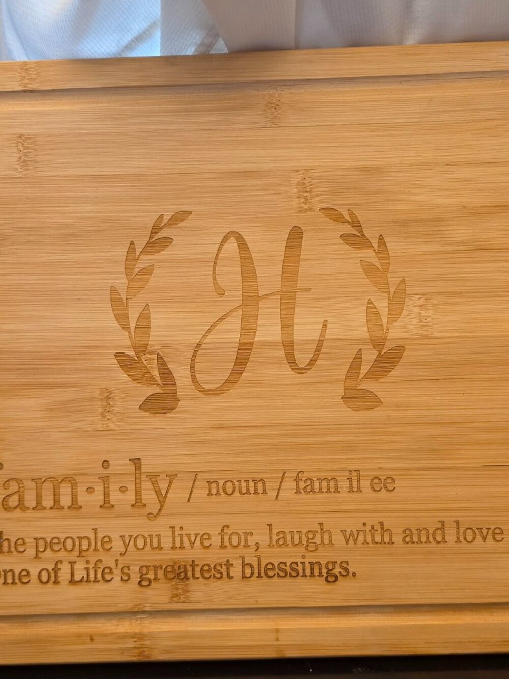 Food Network Wood engraved "H" cutting board also fam-i-ly --see pics